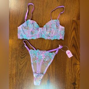🎀🌷 Ethereal Purple Turquoise Floral Embroidered Sheer Lace Lingerie 2 Pc Set 🌷🎀